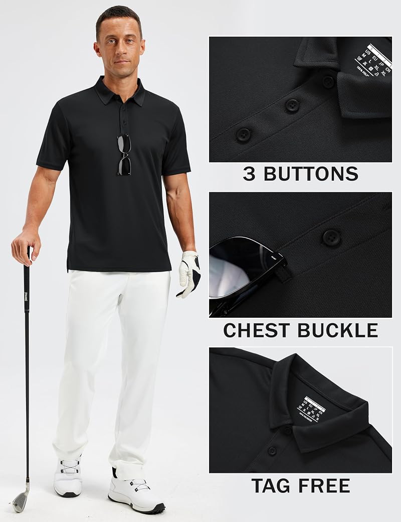 TACVASEN Men’s Polo Shirt Short Sleeve Dry Fit Golf Collar 3-Button Black XL