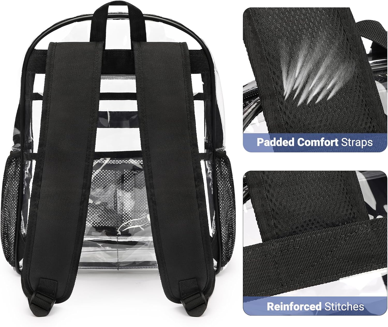 ZORFIN Clear Backpack - Heavy Duty 17in Transparent PVC Bag with Large Capacity & Reinforced Straps | Black