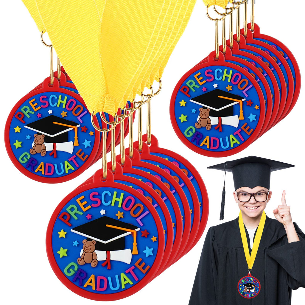 Sratte 48 Pcs Kindergarten Prek Preschool Graduation Medals for Kids, Bulk Kinder Pre-k Graduation Gifts with Yellow Ribbon, End of Year Student Gifts Party Favors Supplies, 2 Inch (Graduate Cap)