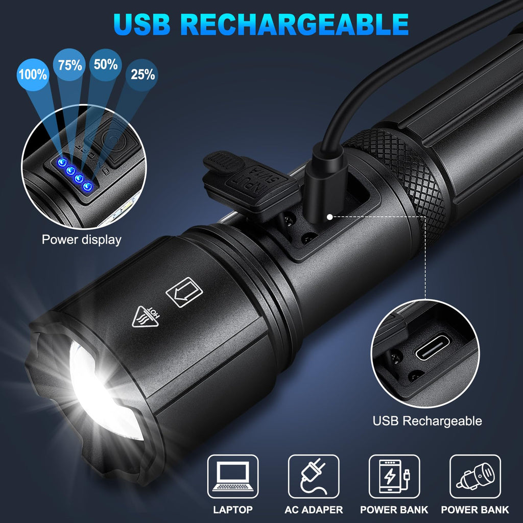 SKNSL Rechargeable LED Flashlights High Lumens, 99,000 Lumens Super Bright Flashlight 7 Modes w/COB Work Light, Powerful Flash Light for Outdoor Emergency Hiking Camping