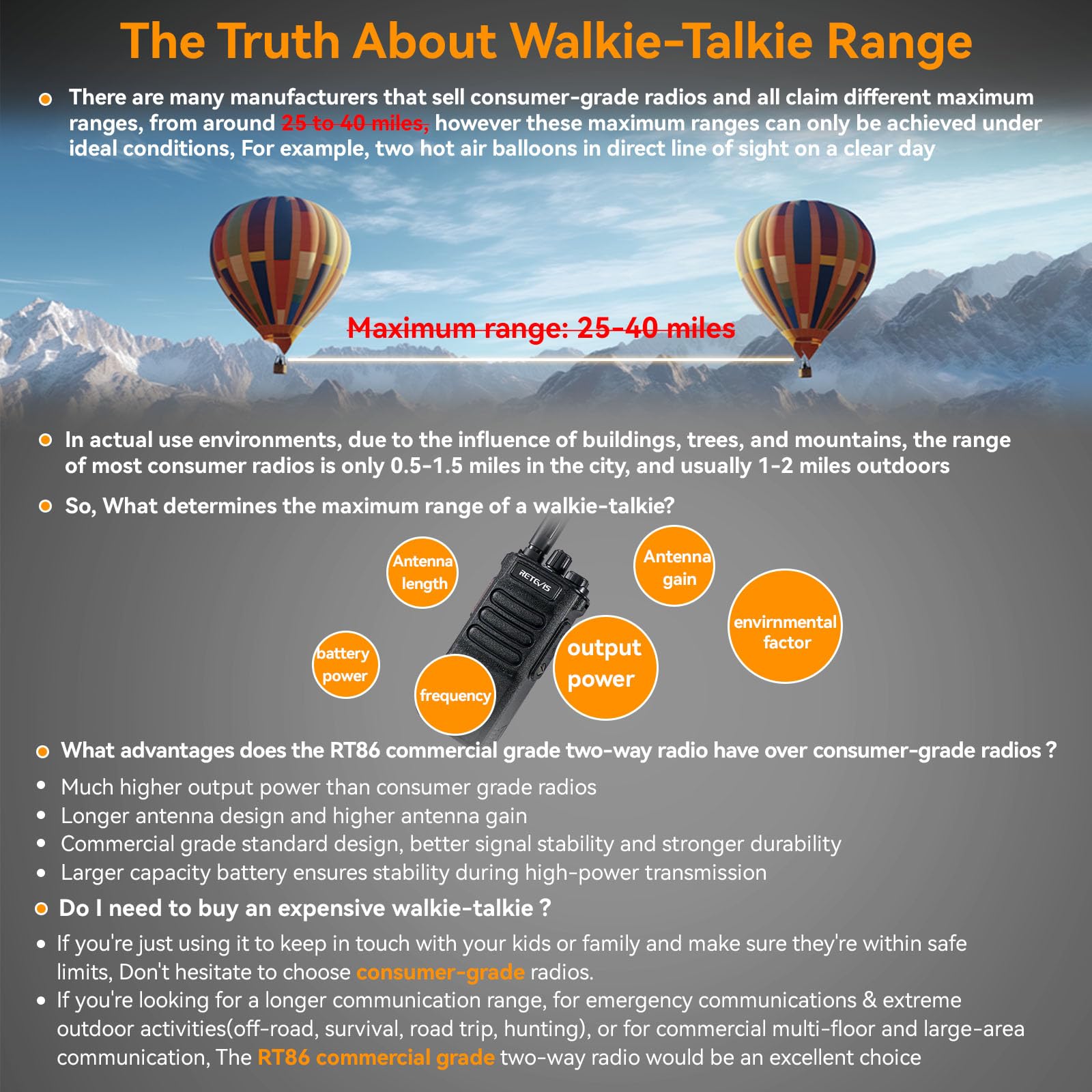 Retevis RT86 Emergency Two Way Radios Long Range, Professional 2 Way Radios, 2600mAh Rechargeable, USB, Flashlight, Shatterproof Display, Durable Walkie Talkies for Snowstorm Off-Roading Farm(2 Pack)