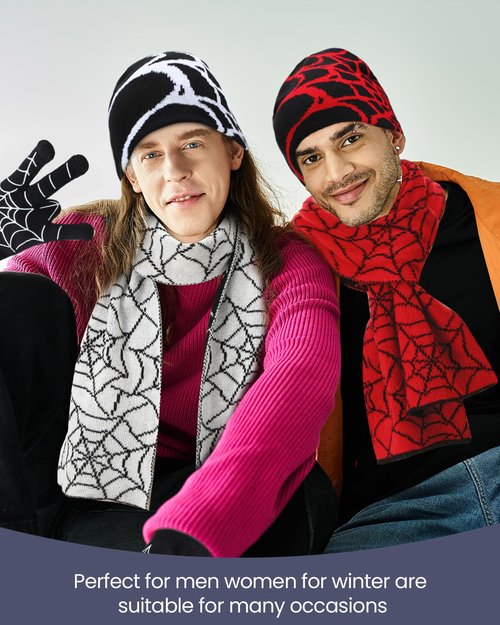 Shihanee 6 Pcs Y2k Beanies Set Spiderweb Pattern Include 2 Gothic Acrylic Knitted Hats/Gloves/Scarves, Stretchable Unisex Casual Streetwear Outdoor Winter for Men Women, Black, Red, White