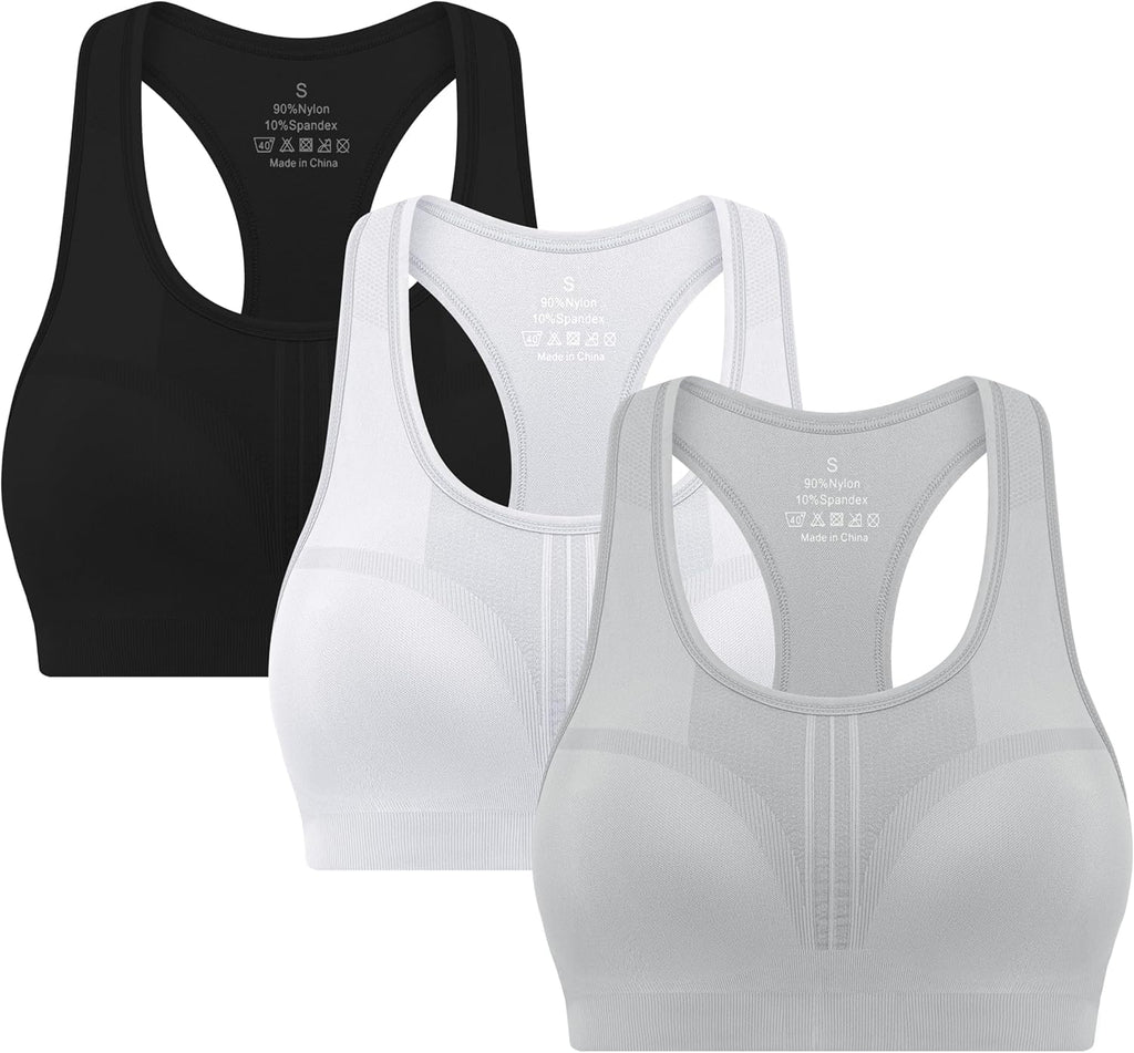 Skiennix 3-Pack High Impact Racerback Sports Bras - Padded Wirefree Workout Bra for Gym & Yoga