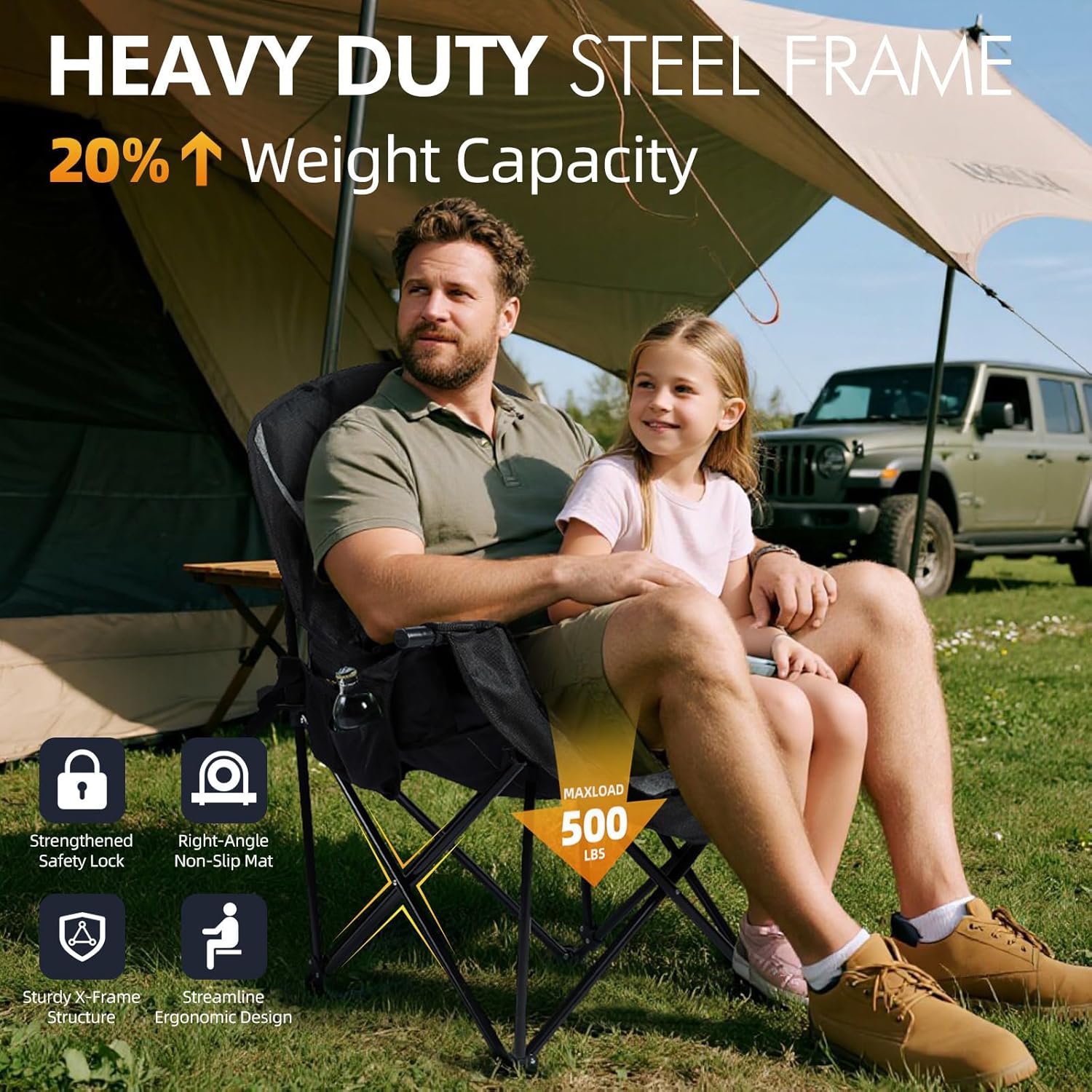 Skiennix Oversized Camping Chair - Heavy Duty Padded Folding Lawn Chair with Cup Holder, Supports 500lbs, Black