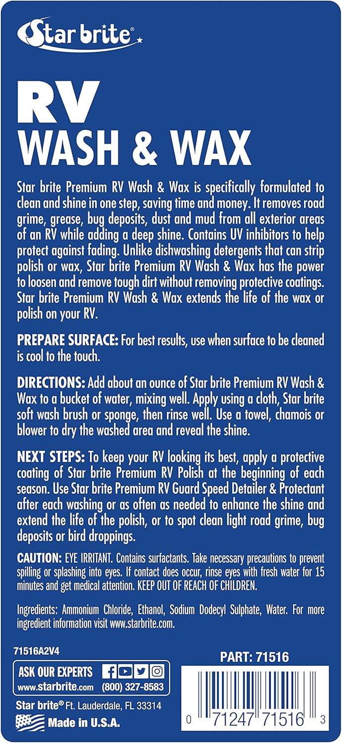 Star Brite RV Wash & Wax - One-Step Cleaner with UV Protection - Perfect for RV & Camper Care - 16 OZ