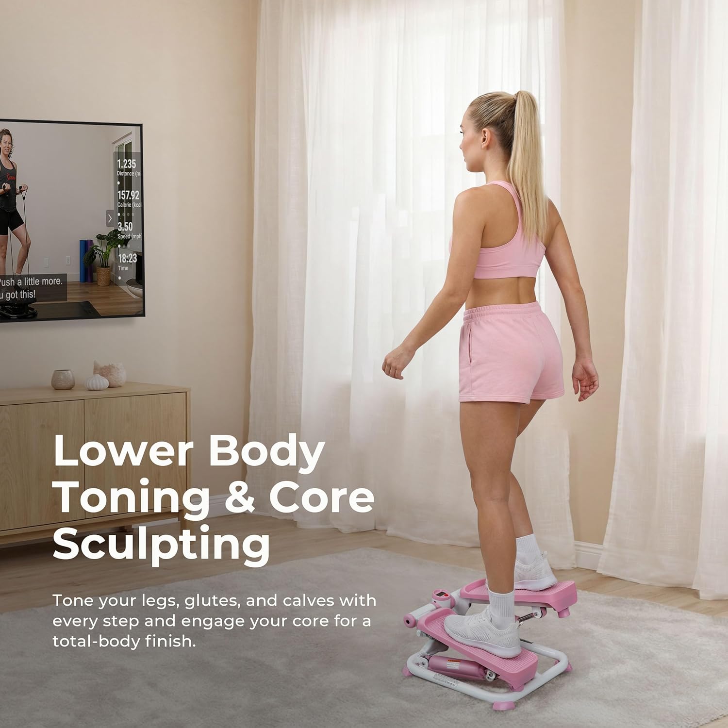 Sunny Health & Fitness Mini Stepper - Compact Home Exercise Machine with Resistance Band & App Connection