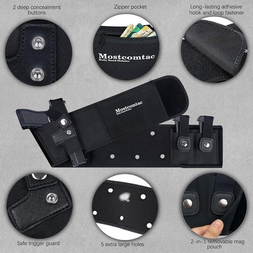 Mostcomtac Belly Band Holster for Men & Women - Breathable Neoprene Gun Holster, Multi - Pocket Tactical Belt for Outdoors, Fits Glock 19, 17, 43, 43x, Taurus G3C, G2C and Most 9mm and 380 Handguns