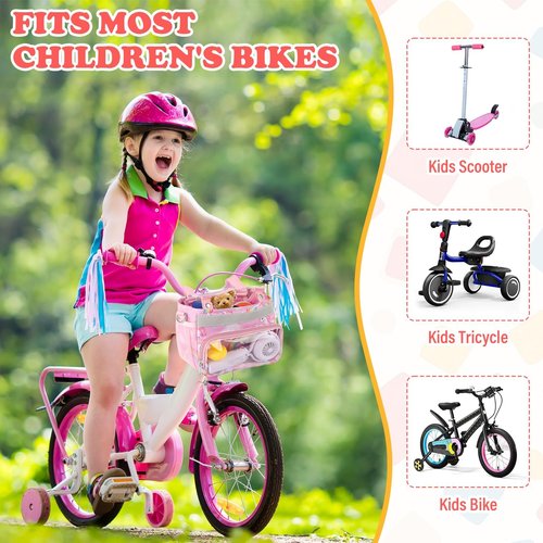 Kids Bike Scooter Front Mount Bike Basket, Pink Cute Fabric Children's Bike Rack Basket Handlebar Bag, with Adjustable Shoulder, with Reflective Safety Straps, for Bicycle Accessories Fit Most Girls