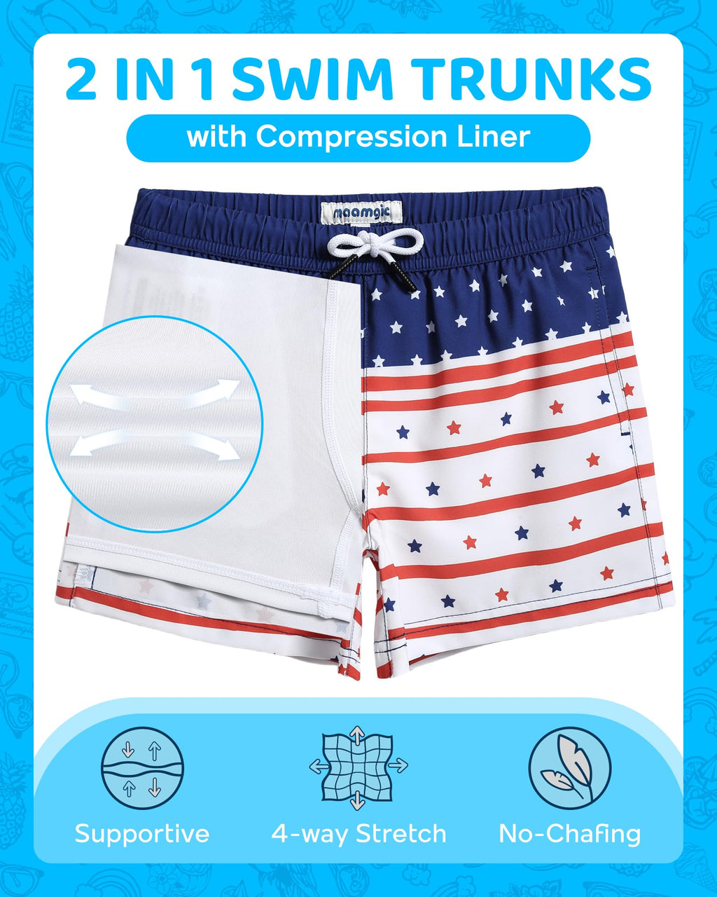 maamgic Boys Swim Trunks with Compression Liner Toddler Boy Swimsuit Quick Dry 4-Way Stretch Swimming Trunks American Flag 2T