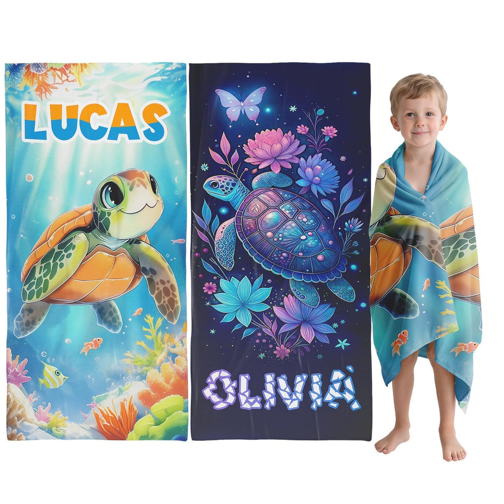 Infiher Personalized Beach Towels for Kids,Custom Kids Monogrammed Towels with Name,Customized 280gsm-420gsm Thick Soft Absorbent Beach Towel for Swim,Bath,Pool,Vacation,Gifts,Boys Turtle Towel
