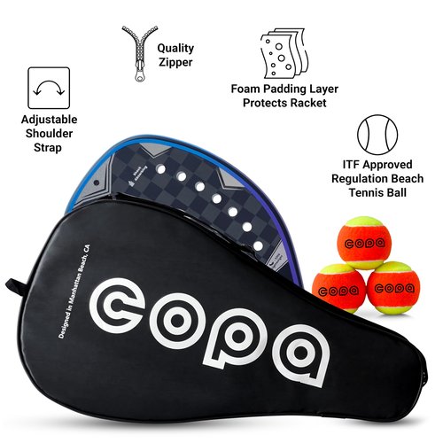 Beach Tennis Racket 18k Carbon Fiber with Padded Bag Copa Jupiter EVA Memory Foam Core, Sand Grit Finish Beach Tennis Paddle ITF Regulation Balls Included.