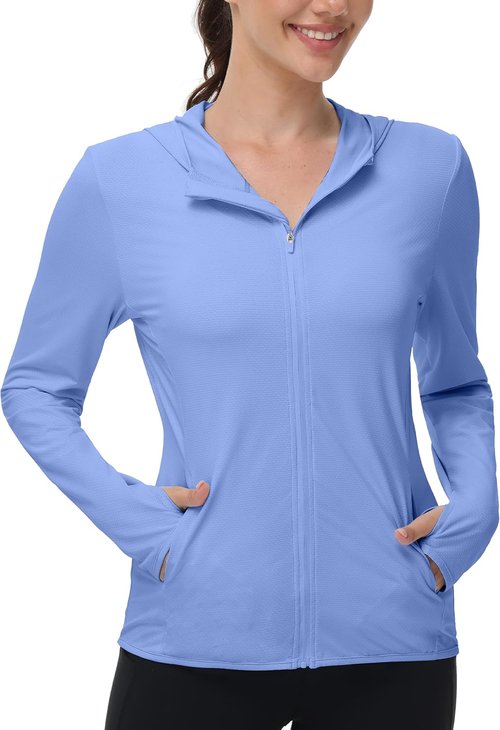 Isnowood Women's UPF 50+ Sun Protection Rash Guard - Lightweight Long Sleeve Zip Hoodie Jacket