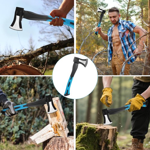 Splitting Axe, 15” Camping Outdoor Hatchet for Wood Splitting and Kindling, Forged Carbon Steel Heat Treated Hand Maul Tool, Fiberglass Shock Reduction Handle, Blue