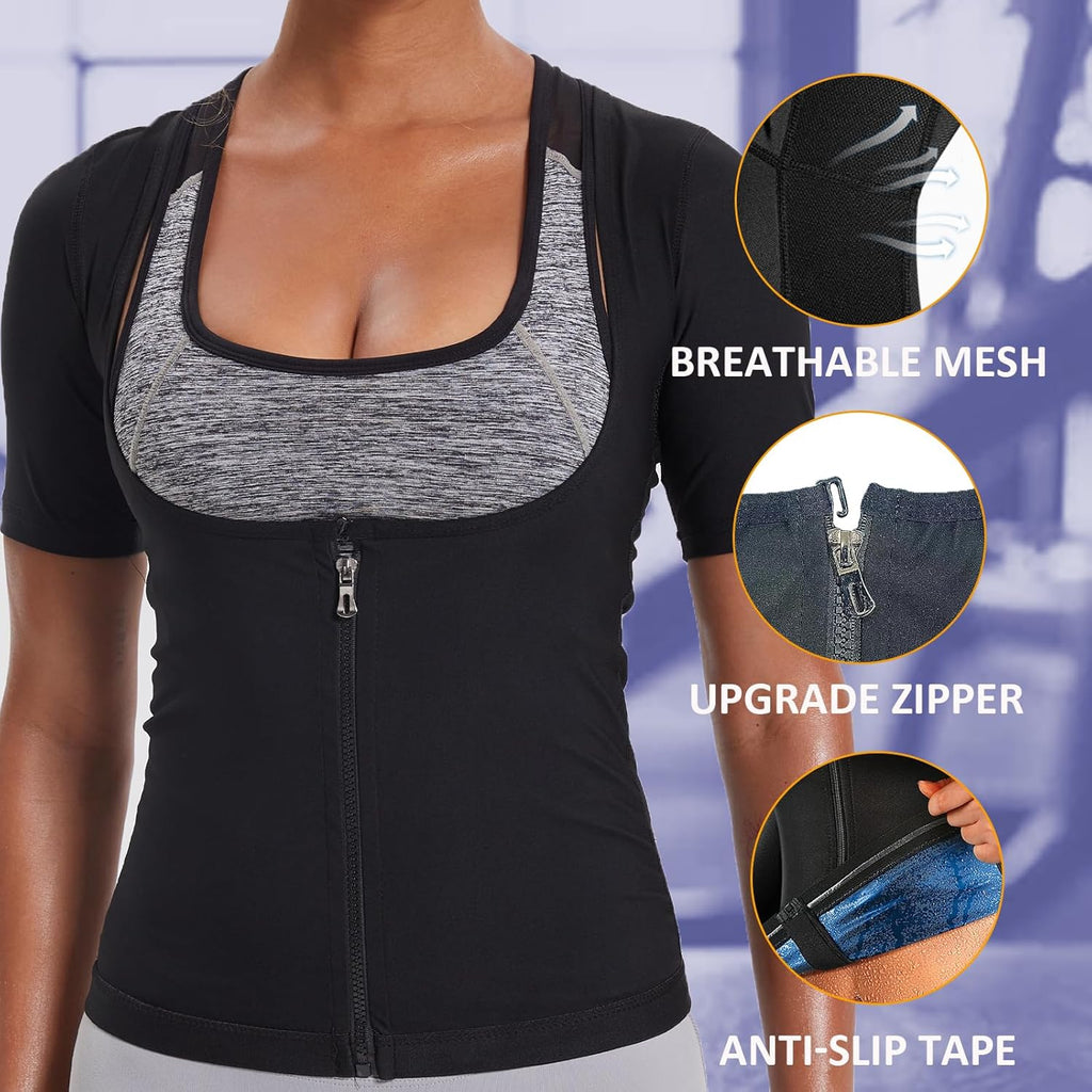 Skiennix Sauna Suit Shirt for Women - Weight Loss Compression Tank Top | Zippered Workout Vest