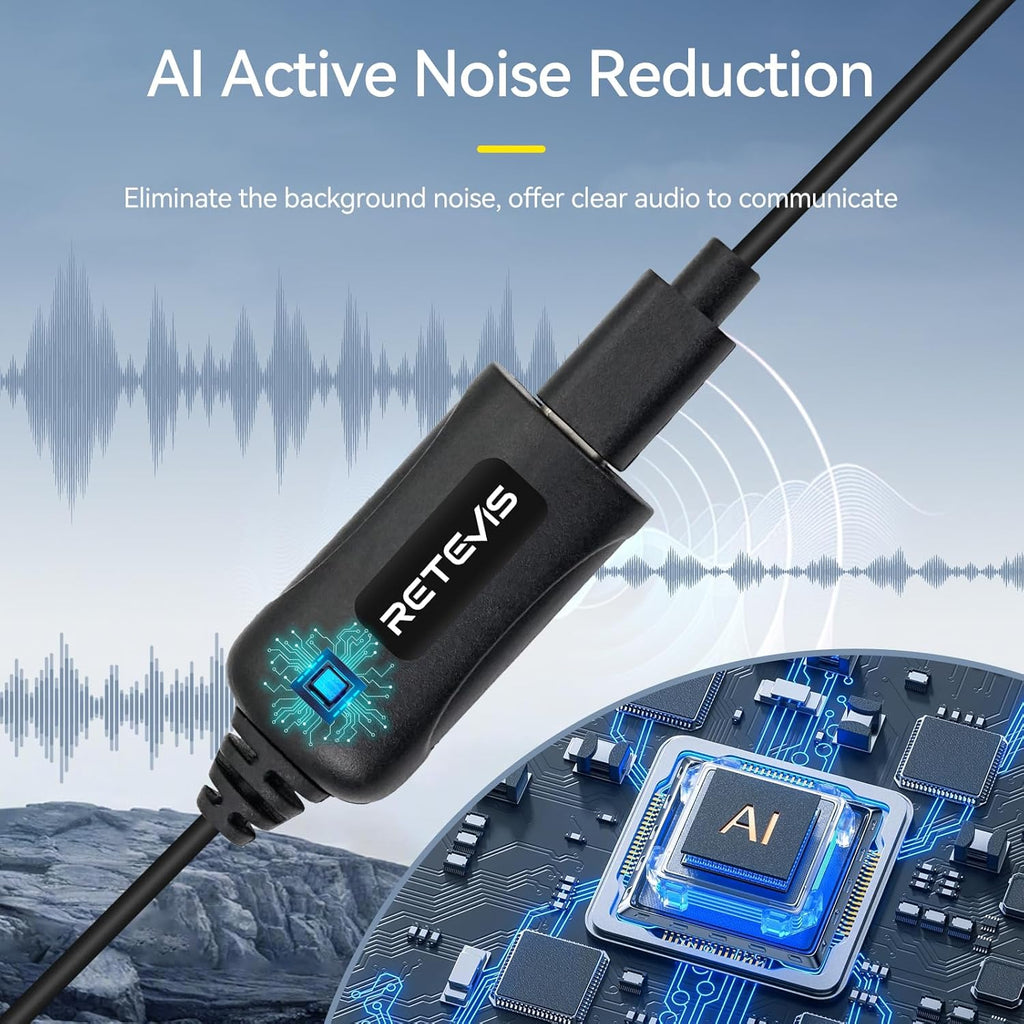 Retevis Walkie Talkie Earpiece - AI Active Noise Reduction, Rechargeable, 2 Pack | Compatible with RT22, RT21, H777H