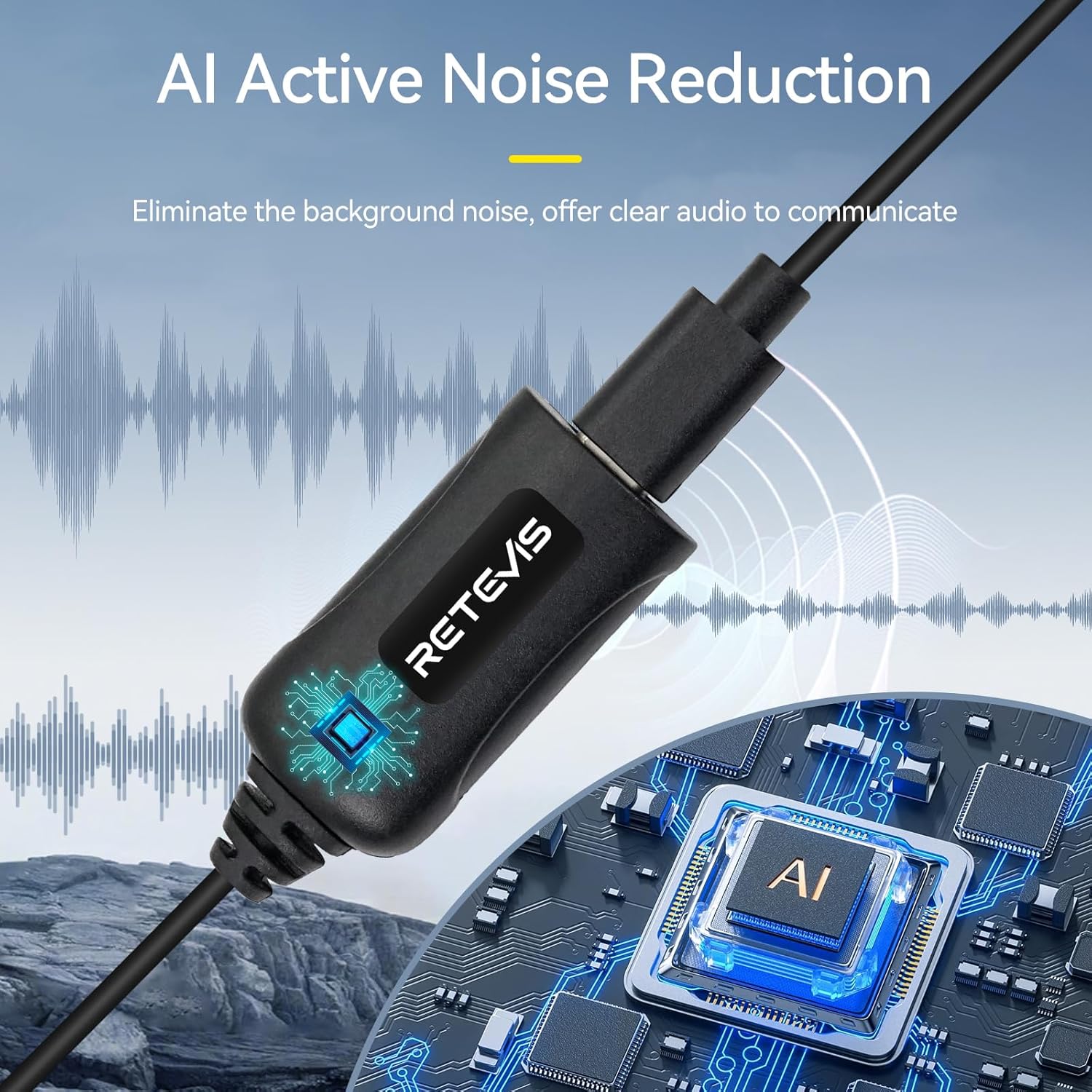 Retevis Walkie Talkie Earpiece - AI Active Noise Reduction, Rechargeable, 2 Pack | Compatible with RT22, RT21, H777H