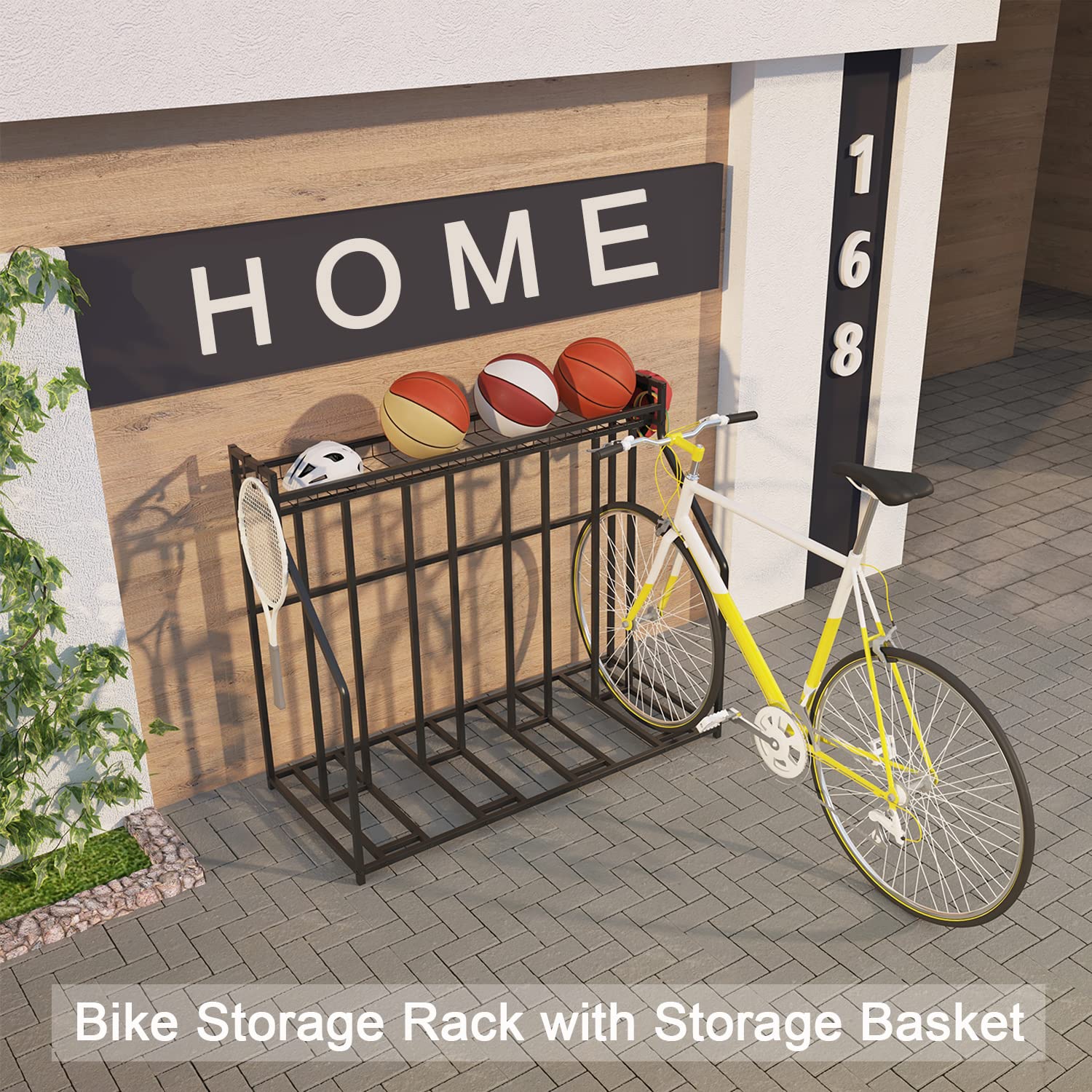YiLifebes Stand Bike Racks for Garage, 4 Bike Stand Rack with Storage Basket, Metal Floor Bike Parking, Garage Organizer Suitable for Mountain, Hybrid, Adult and Kids Bikes