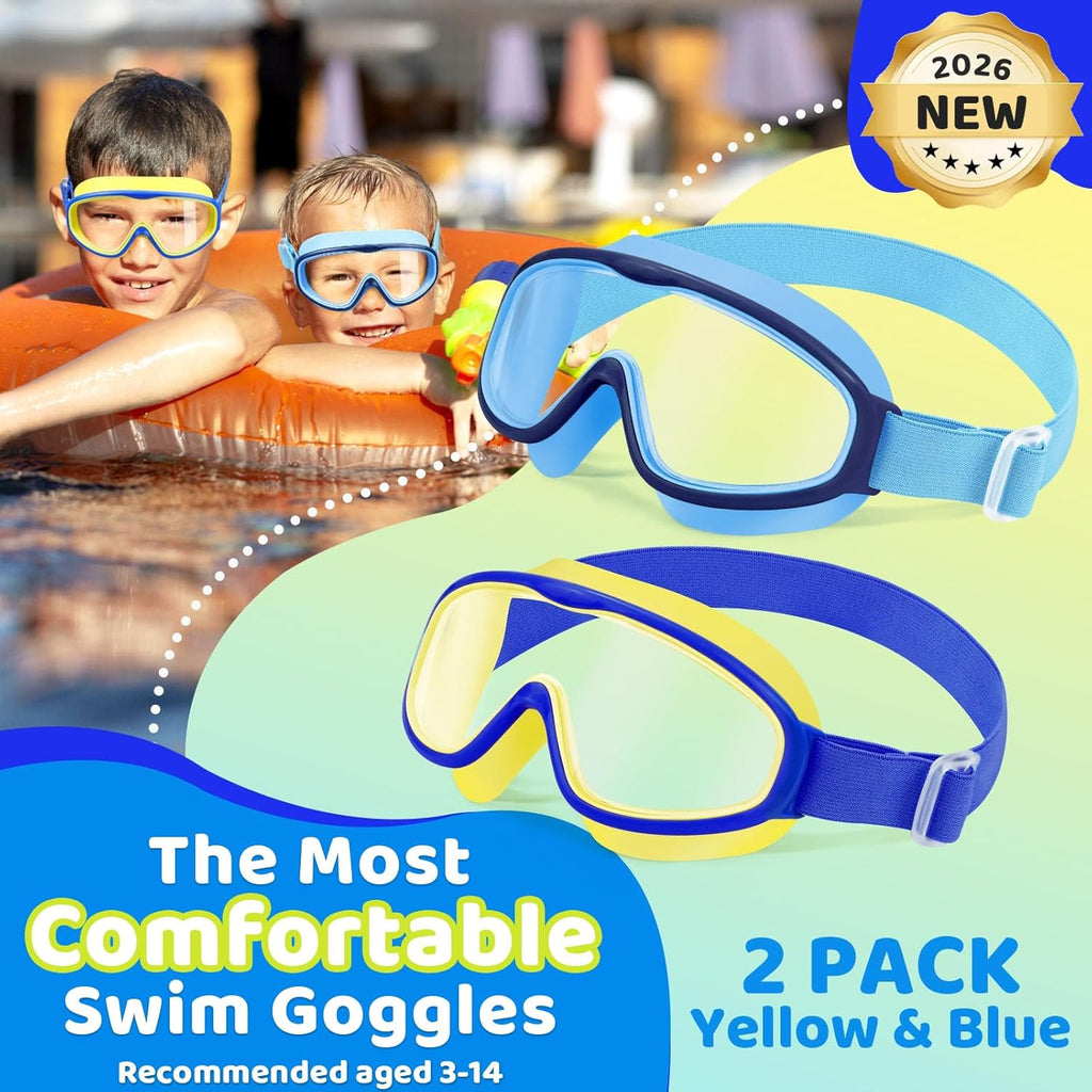 Vvinca Kids Swim Goggles - Comfortable Fabric Strap, Wide View, Anti-Fog & UV Protection for Ages 3-14