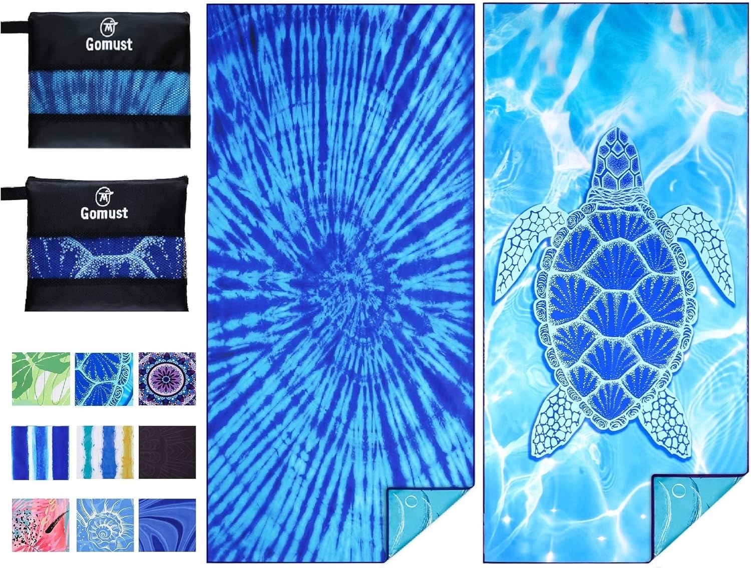 Skiennix Oversized Microfiber Beach Towels - Lightweight & Quick Dry | 71"x32" Blue Tie Dye Turtle (2 Pack)
