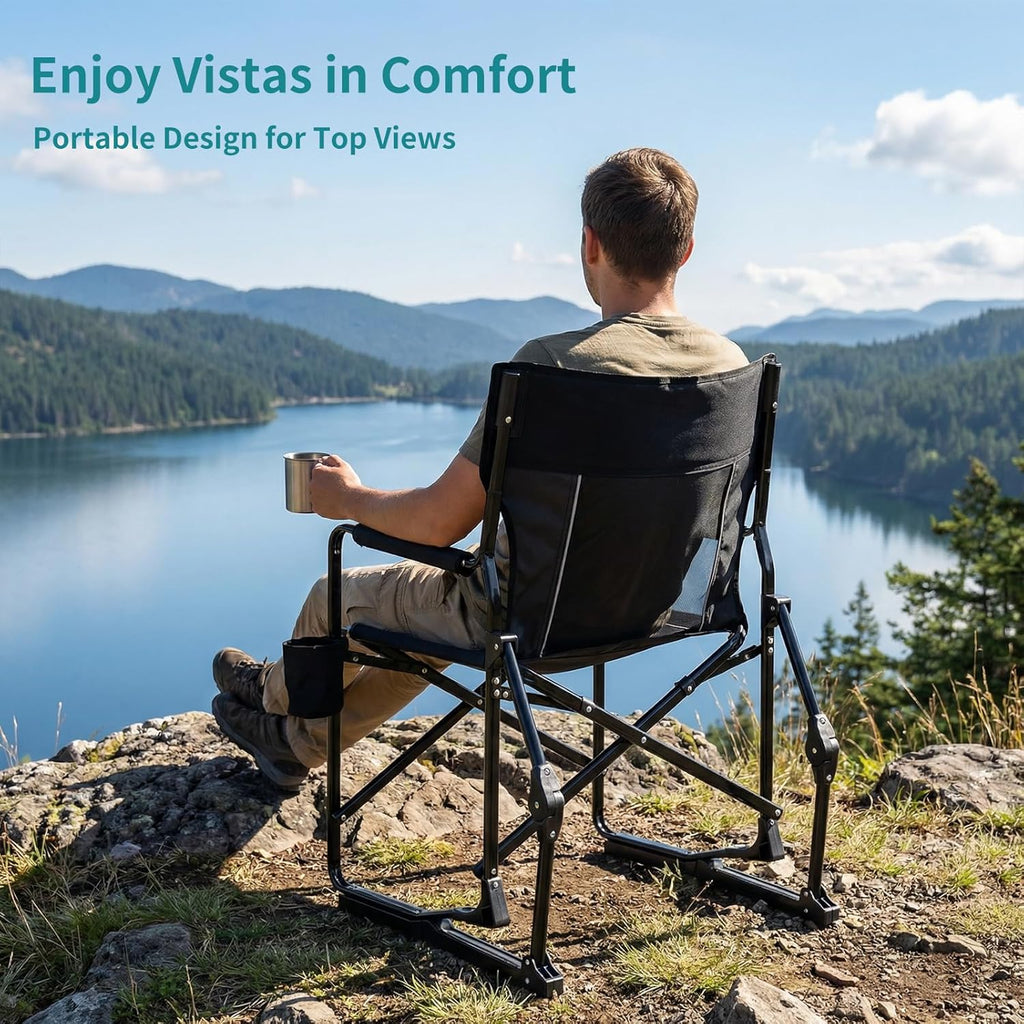 OLIXIS Outdoor Folding Rocking Chair - Portable Camping Chair with Mesh Back & Waterproof Armrests | Black