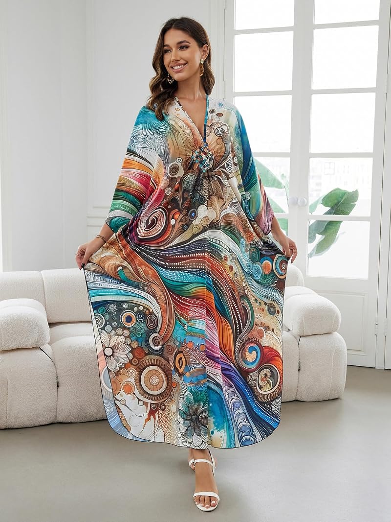 Batwing Sleeve Kaftan Dress for Women Plus Size - Abstract Pattern Beach Cover Up