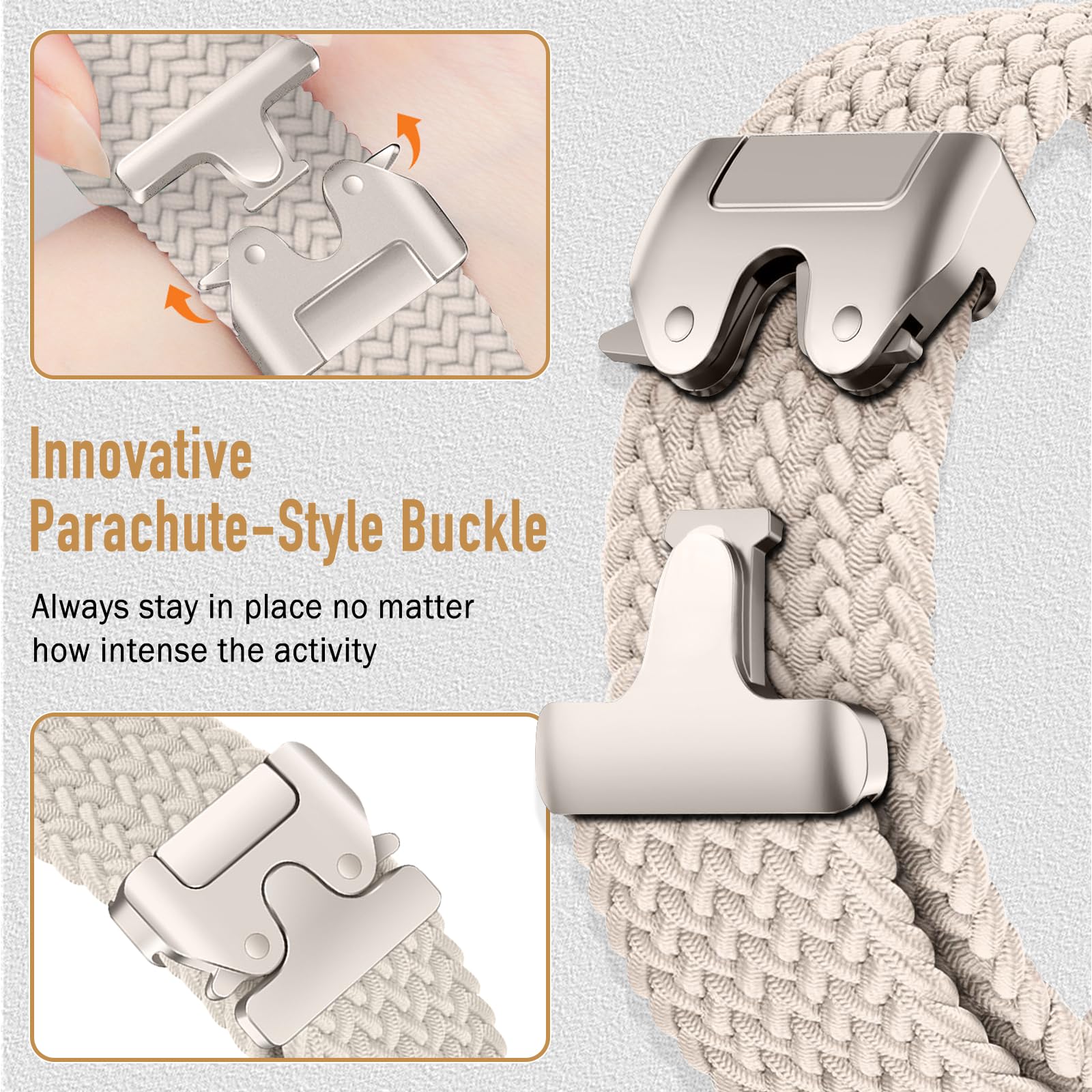 Nylon Braided Loop Watch Band for Garmin Fenix 8 Pro/Fenix 8/Fenix E 47mm/Fenix 7/7 Pro/Quatix 8 47mm/Tactix 8 47mm, Secure Parachute-Style Buckle Strap for Garmin QuickFit 22 mm, Apricot