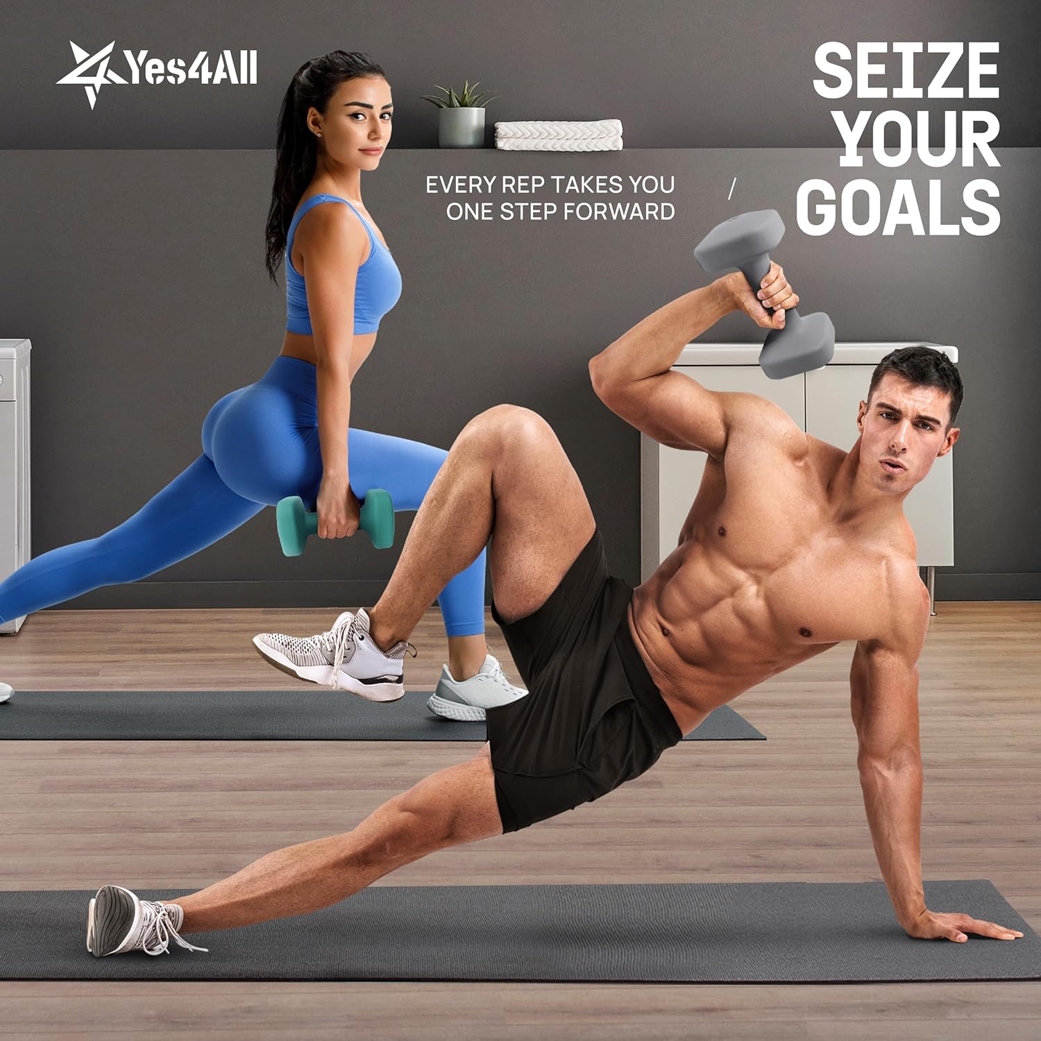 Yes4All Square Neoprene Dumbbell Set | Anti-Roll, Anti-Slip Hand Weights for Home Gym | 2lb - 20lb, 4 Colors