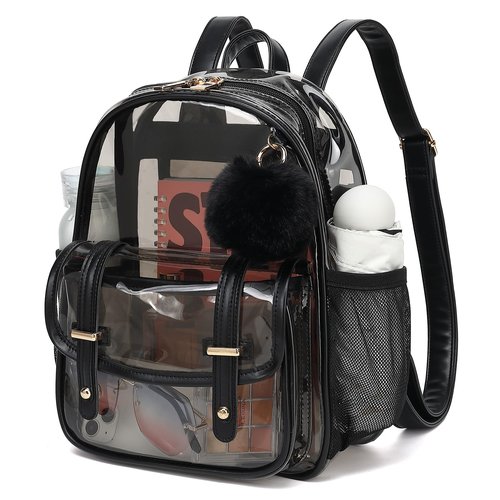 Clear Backpack for Stadium Events, 12x 12x 6 Small Transparent Backpack PVC Mini See Through Bag for Women Girls for Concert Festival, Semi-Black