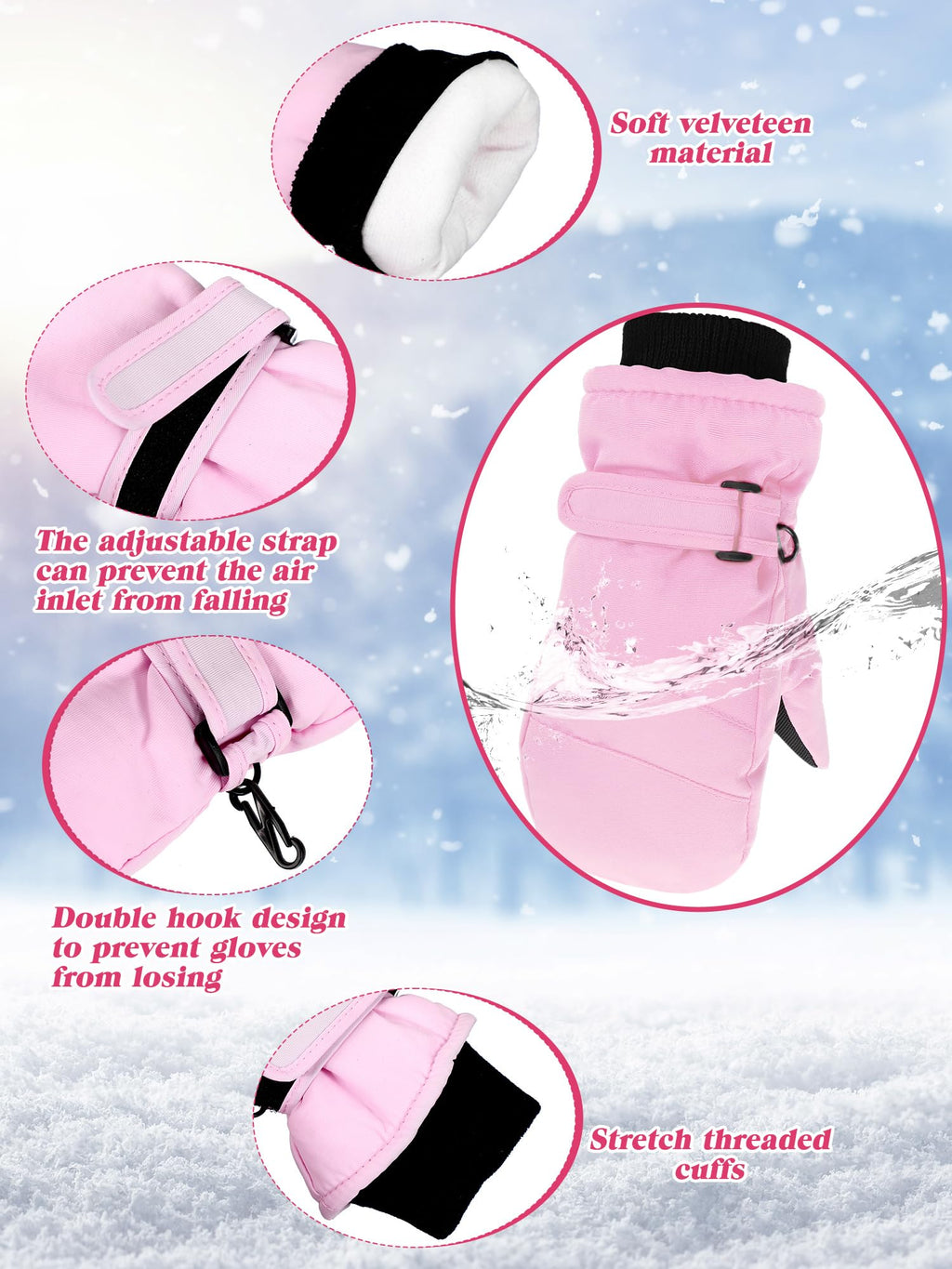 SATINIOR 2 Pairs Kids Snow Mittens Waterproof Winter Ski Gloves Warm Thicken Snow Gloves for Girls Boys (5-8 Years,Light Pink,Light Purple,2 Pairs)
