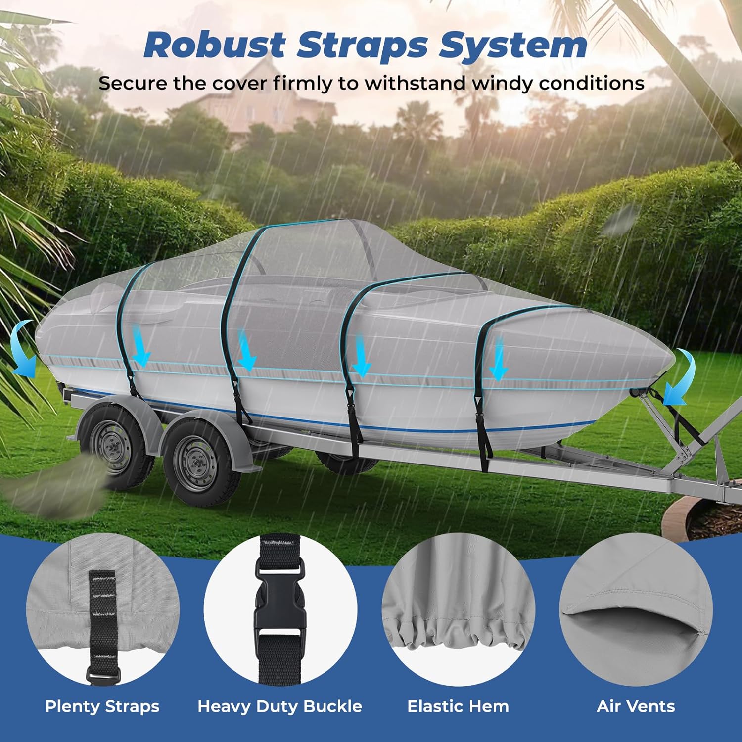 RVMasking Waterproof Boat Cover - Heavy Duty 1400D Marine Grade | Fits 16-18.5 ft V-Hull Bass Boats, Gray