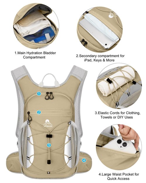 Hydration Backpack with 2L Water Bladder - Lightweight 15L Daypack with Phone-Sized Hip Belt Pockets, Anti-Chafe Cotton Edging & No-Bounce Straps - Small Water Backpack for Hiking, Running, Skiing