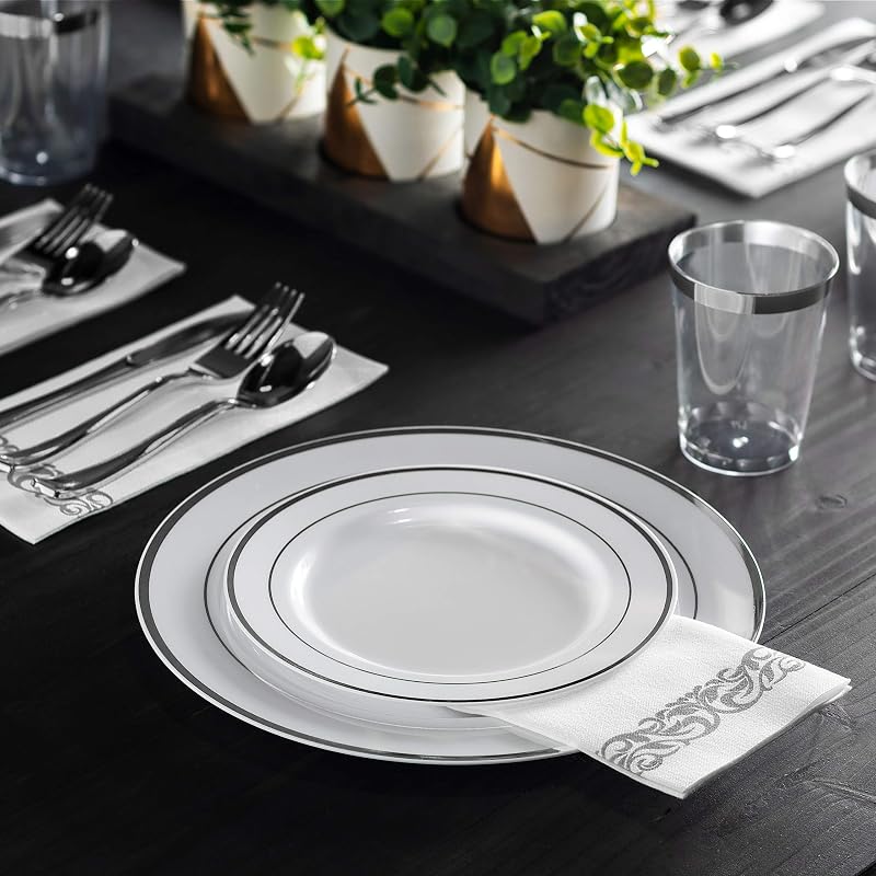 10 Inch Dinner Plates & 7 Inch Salad Plates Combo Set - 100 Pcs, Silver Rim
