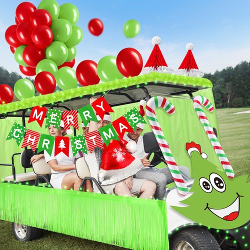 Soulchen 73 Pcs Green Christmas Golf Cart Decorations Elf Xmas Themed Decor Kit Red Green Balloons Foil Tinsel Elf Backdrops Curtain Light String for Christmas Golf Cart Party Supplies Decor