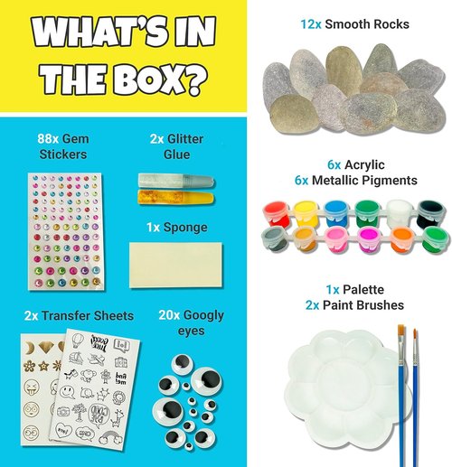 JOYEZA Rock Painting Kit Deluxe - Arts and Crafts Set for Kids Age 6+ | 12 Waterproof Rocks & Paints