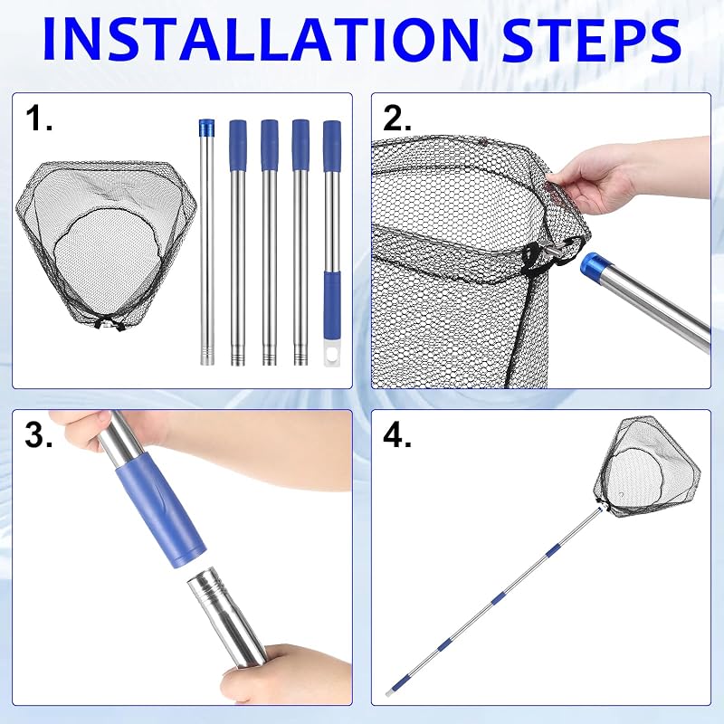 Adjustable 85 Inch Landing Fishing Net with Handle, 5-Section Deep 14-Inch Net