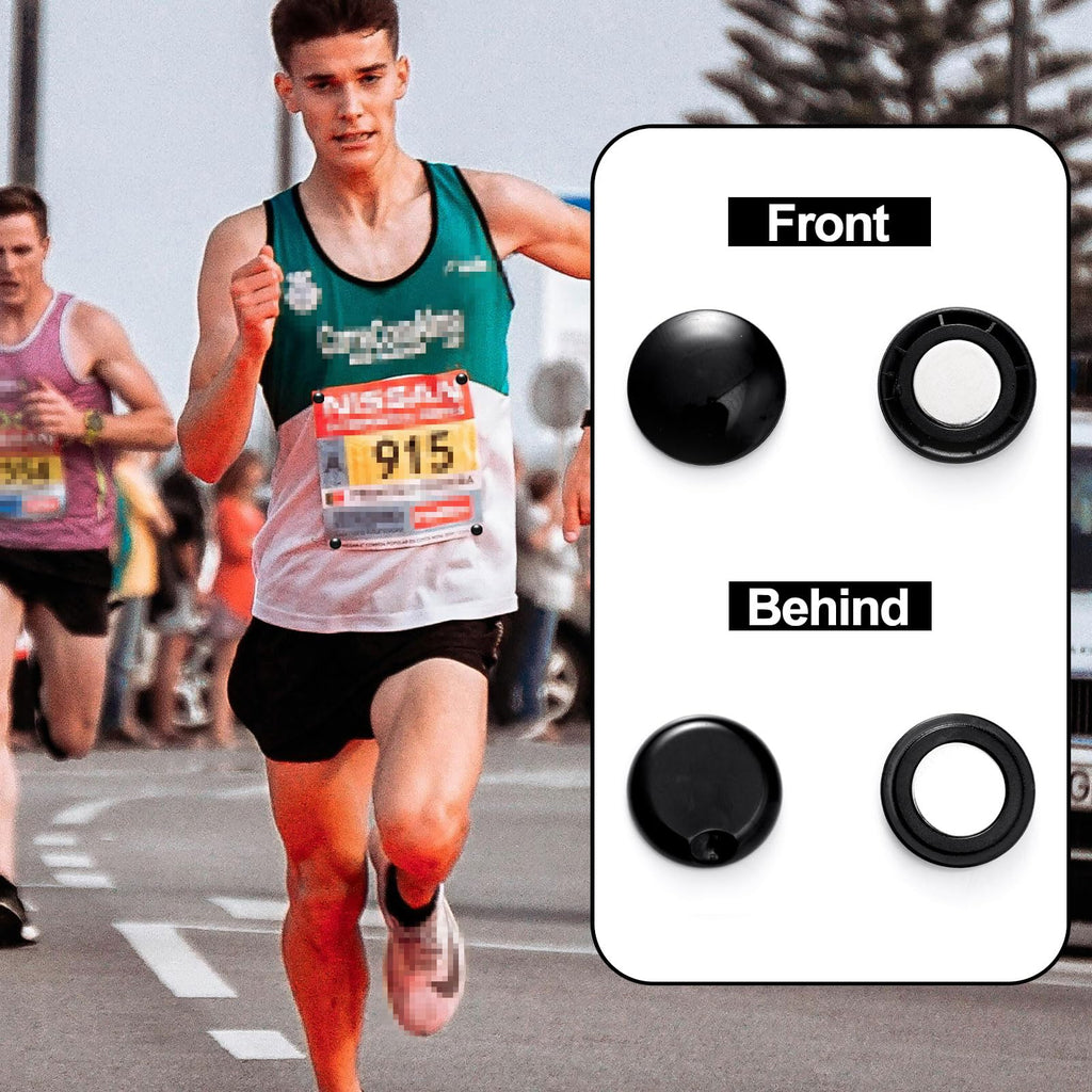 XIHIRCD 10 Pairs Magnetic Race Bib Clips, Marathon Race Number Holder Running Bib Buckles Fixing System Magnets Racing Bib Fixing Clips Running Gear for Field Triathlon Run Cycling (White, Black)