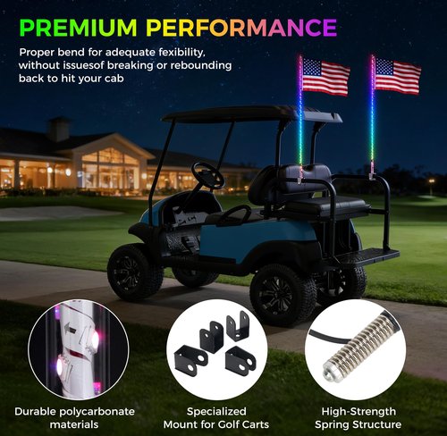 2 Pack Golf Cart Whip Light - 210 Selectable Lighting Modes, Easy Installation, Waterproof Whip Light with Color Width Flow Direction Customization for Golf Carts 2.53FT