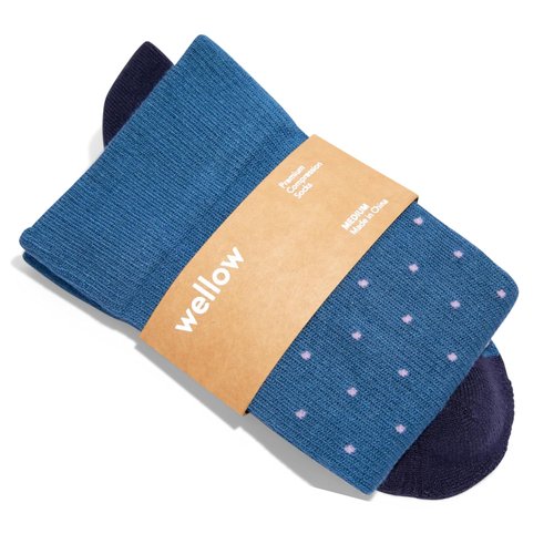 Wellow Wide Calf Compression Socks for Men & Women, 18-25 mmHg Made with Viscose from Bamboo, Nurses & Pregnancy Support, Relieves Swelling, Knee High, LW, Cobalt Dot Wide Calf
