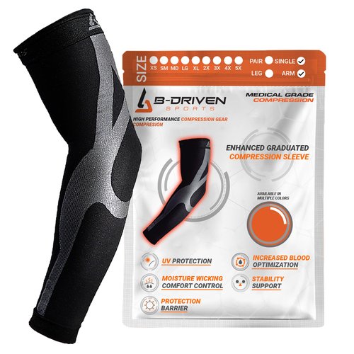 B-Driven Sports Compression Arm Sleeve for Men & Women - Medical Grade 20-30mmHg, Bicep, Forearm, Elbow Support, Lymphedema, Baseball, Basketball, Tennis, Work, Weightlifting - Black Small 1pc