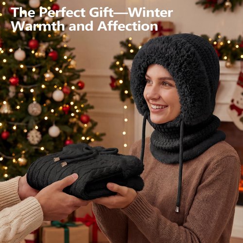 PolaZIA 3 in 1 Beanie Hat with Scarf and Mask, 3-in-1 Beanie Hat for Women, Windproof Scarf Hat, Womens Winter Hat, Knitted Ski Scarf and Face Mask, Wind Resistant Hooded Scarf, Winter Face Mask-A