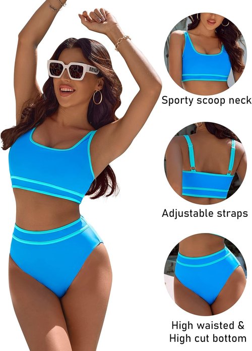 BMJL Women's High Waisted Bikini Set - Sporty Two Piece Color Block Bathing Suit in Cheeky Style