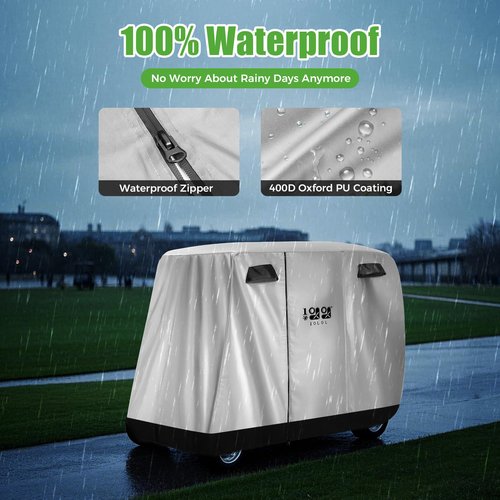 10L0L 4 Passenger Golf Cart Cover for Yamaha EZGO Club Car, 400D Polyester All-Weather Waterproof Golf Cart Storage Cover with Three Zipper Doors-Silver
