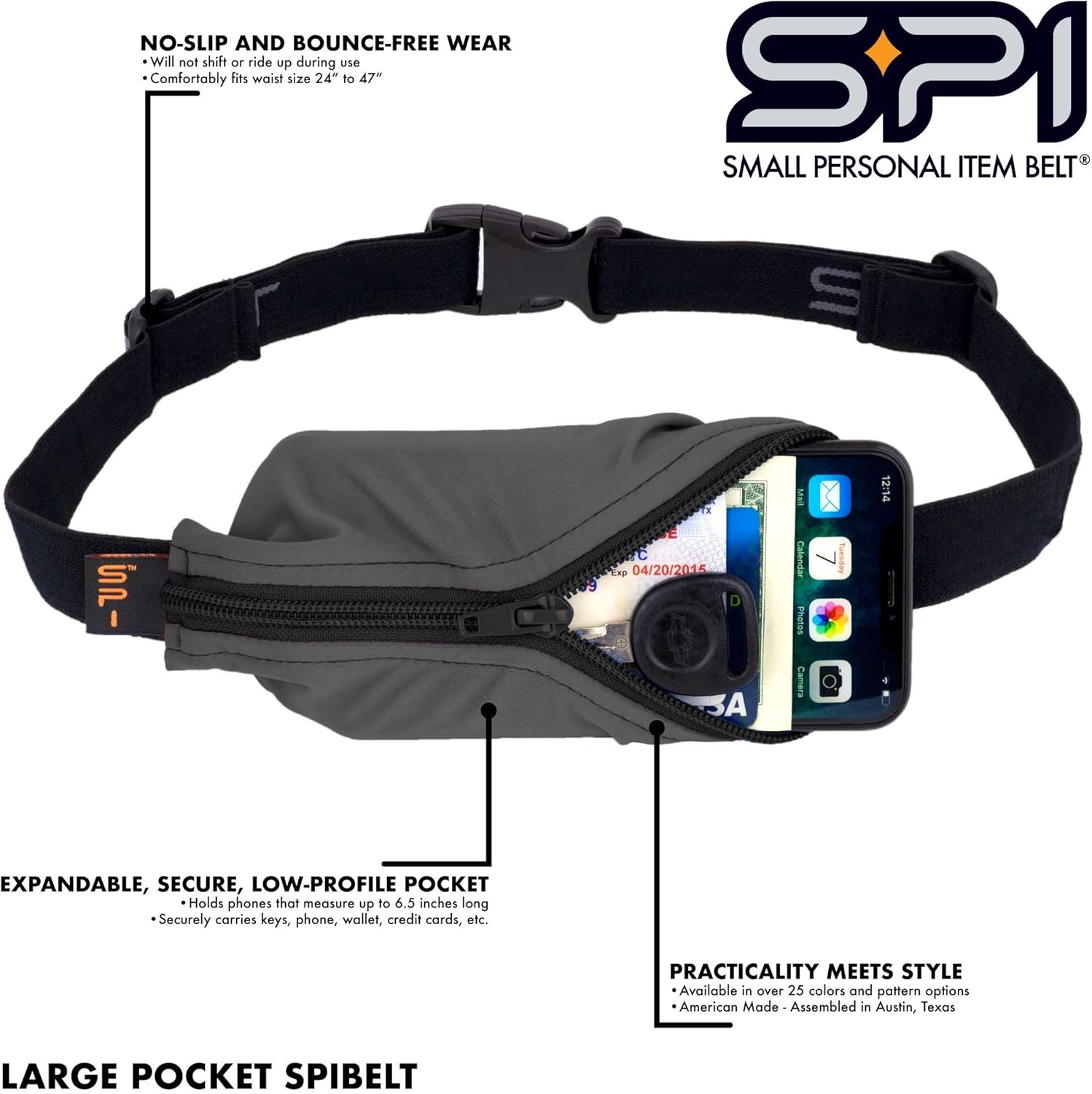 SPIbelt Running Belt - Adjustable Phone Holder for Running | Black with Black Zipper, Fits All Phones