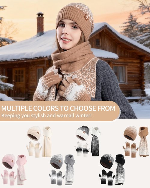 AWAYTR Winter Hat Gloves Scarf Set for Women, 3 Pcs Knit Beanie Touchscreen Gloves Long Scarf Cold Weather Set, Khaki