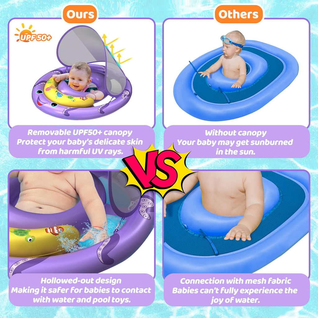 Skiennix Baby Pool Float - Removable UPF50+ Sun Protection Canopy | Extra Wide Octopus Design for 6-24 Months