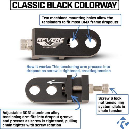 Revere BMX High Performance Pair of 2 Chain Tensioner for Road and MTB Bikes | Lightweight Aluminum Alloy (Black)