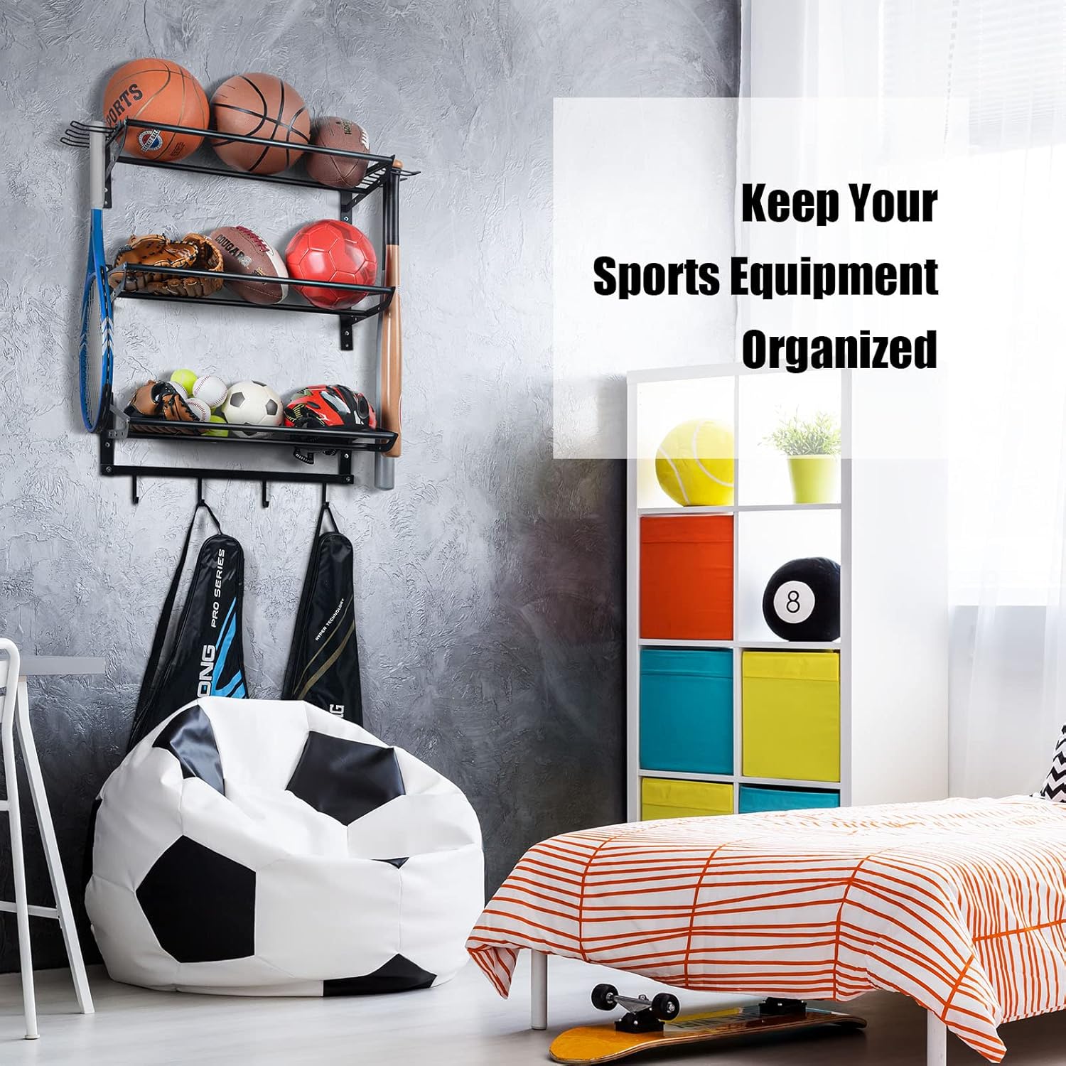 XCSOURCE Garage Sports Equipment Storage Rack - 3 Shelves & 4 Hooks for Organizing Balls & Gear