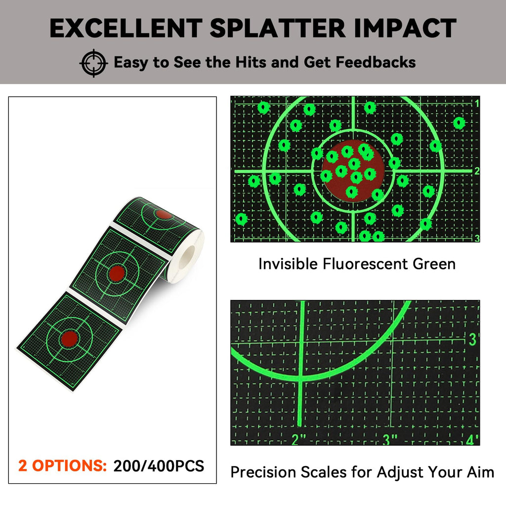 GearOZ Green Sight in Splatter Target Stickers 4" Reactive Paper Targets with Precision Location, 200PCS Adhesive Shooting Target, Dark Grid Bottom Line Calibration for BB Gun/Pellet Gun/Airsoft