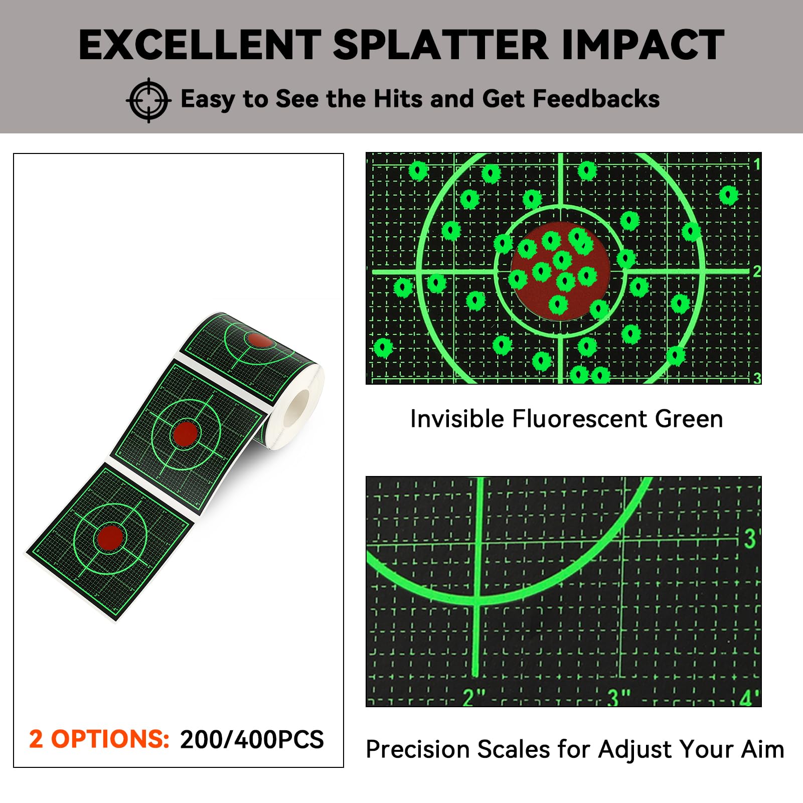 GearOZ Green Sight in Splatter Target Stickers 4" Reactive Paper Targets with Precision Location, 200PCS Adhesive Shooting Target, Dark Grid Bottom Line Calibration for BB Gun/Pellet Gun/Airsoft