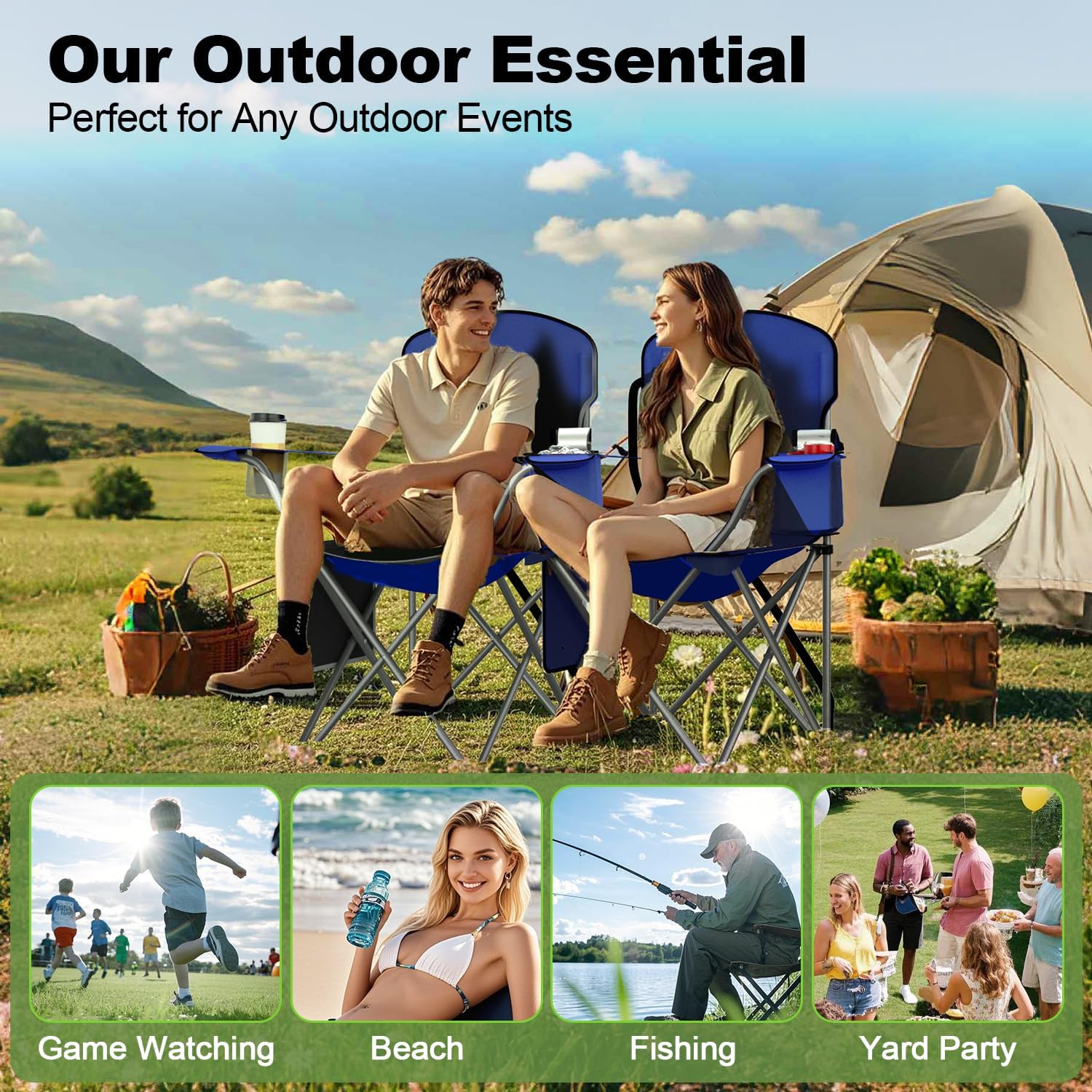 VTOY Folding Camping Chair - Durable 600D Oxford Fabric with Cooler Pouch & Cup Holder | Portable Outdoor Seating